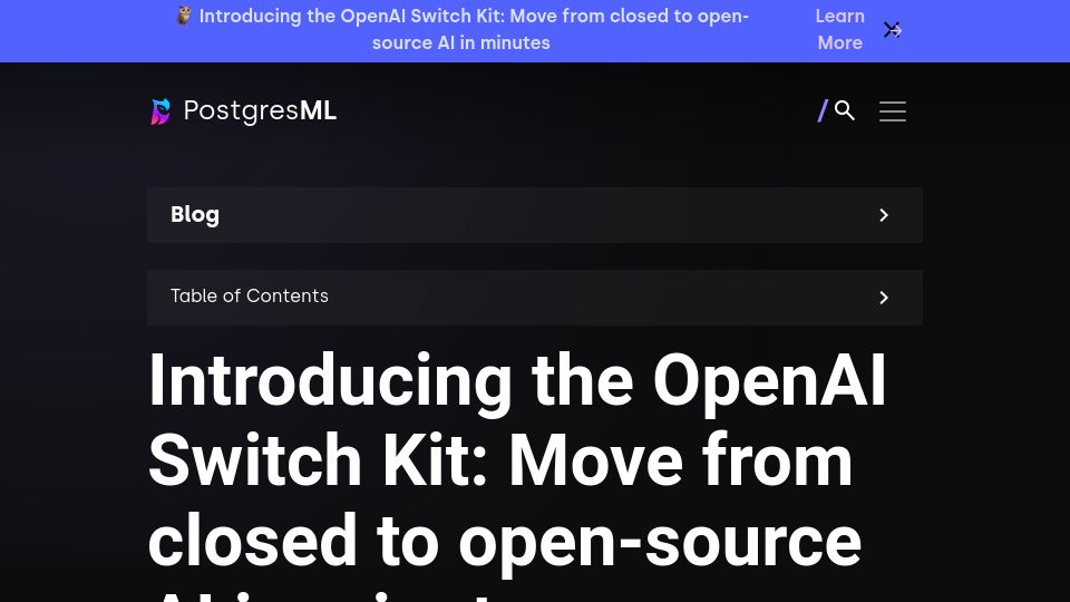 Screenshot of postgresml.org: Swap OpenAI with any open-source model