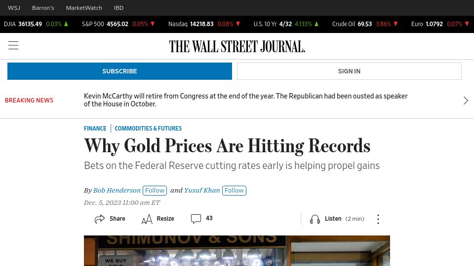 Screenshot of wsj.com: Gold Prices Are Hitting Records