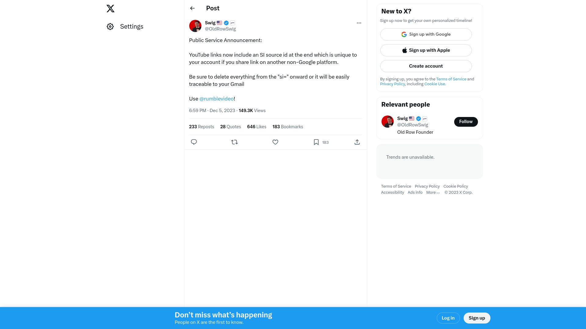 Screenshot of twitter.com: Report: YouTube adding user-traceable ID tag to links shared off-platform