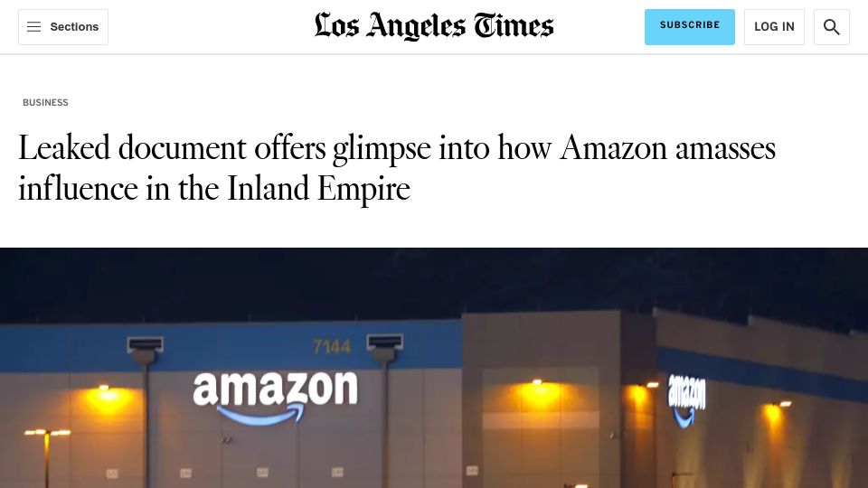 Screenshot of latimes.com: Leaked document shows how Amazon amasses influence in the Inland Empire