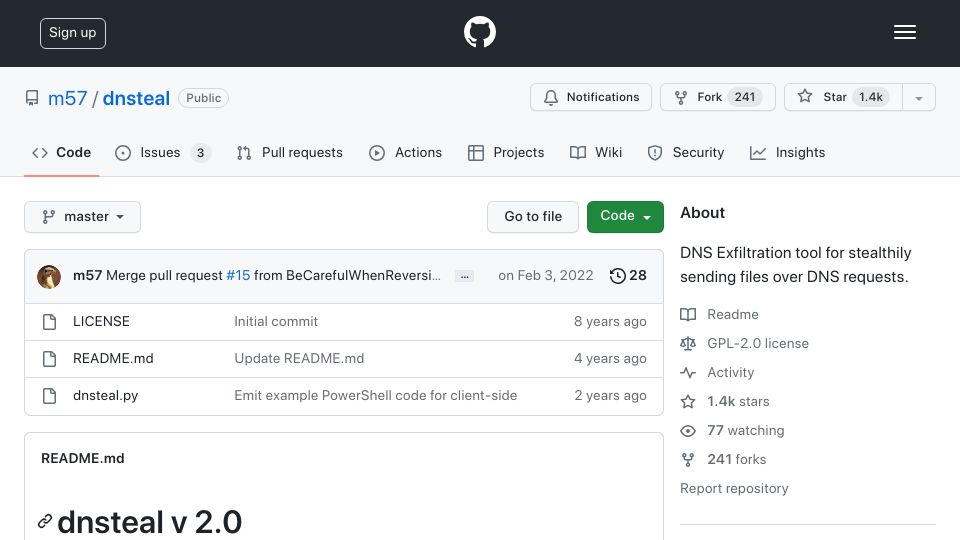 Screenshot of github.com: DNS Exfiltration Tool