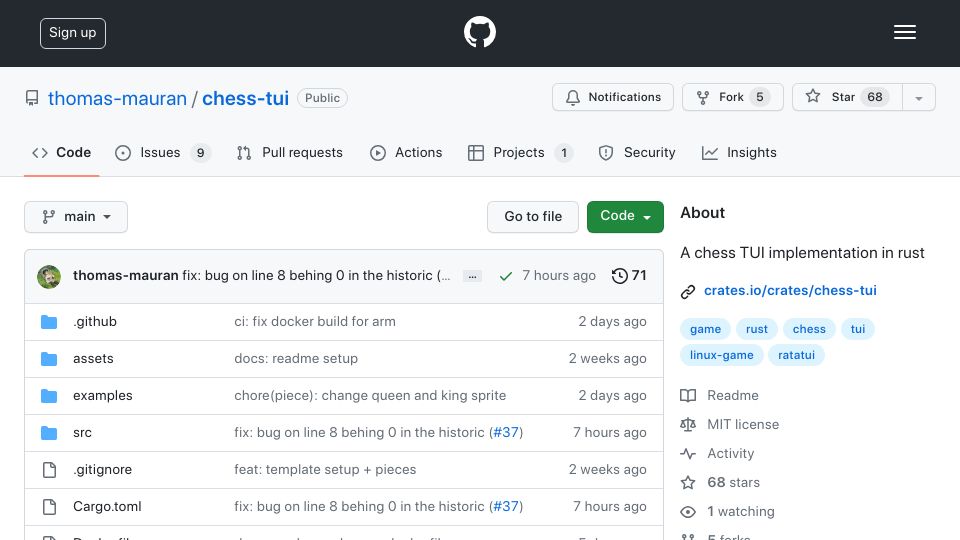 Screenshot of github.com: A chess TUI implementation