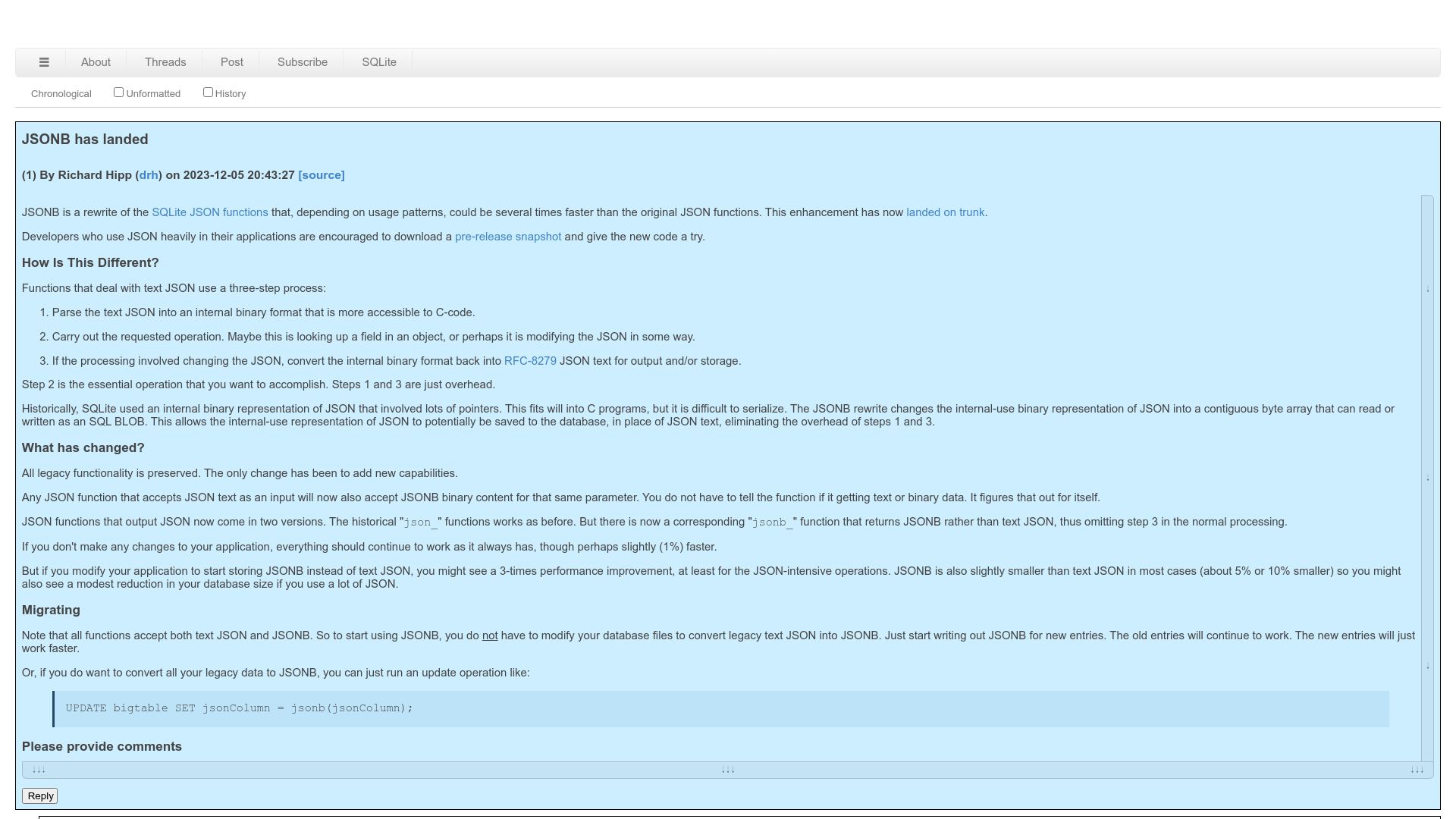 Screenshot of sqlite.org: JSONB has landed