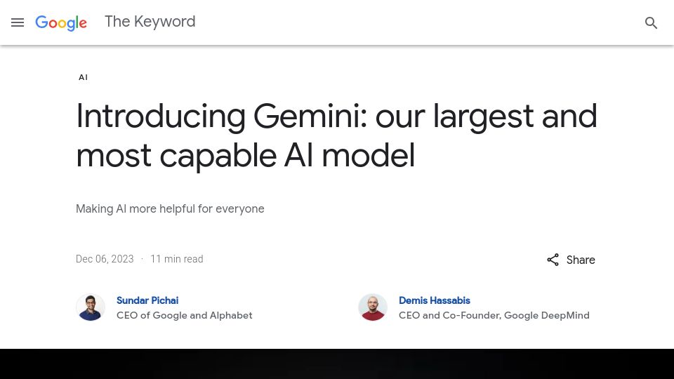 Screenshot of blog.google: Gemini: Google's most capable AI model yet