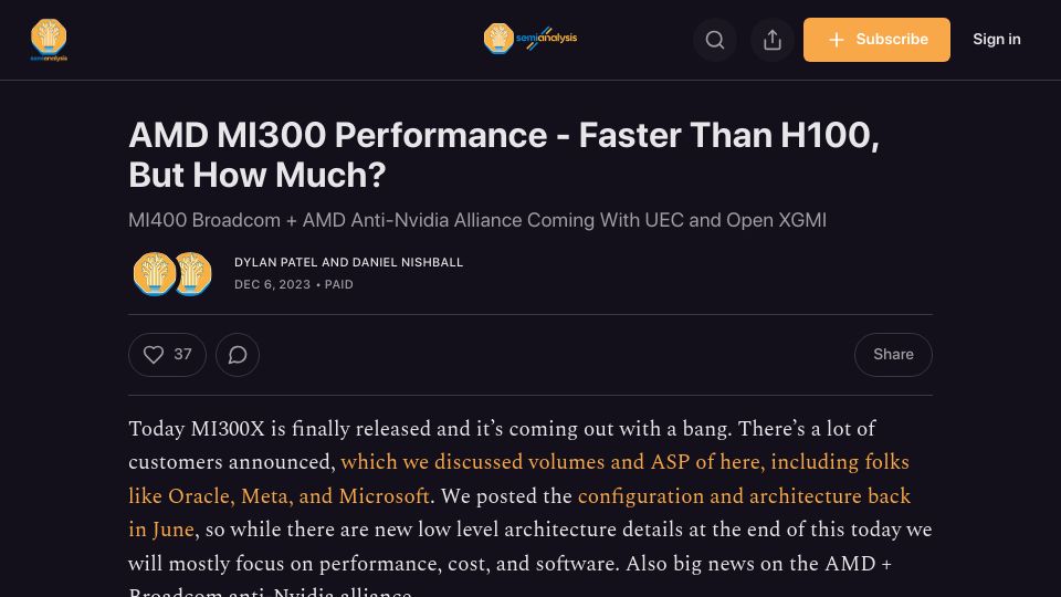 Screenshot of semianalysis.com: AMD MI300 Performance – Faster Than H100, but How Much?