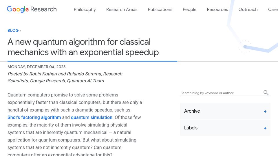 Screenshot of blog.research.google: A new quantum algorithm for classical mechanics with an exponential speedup
