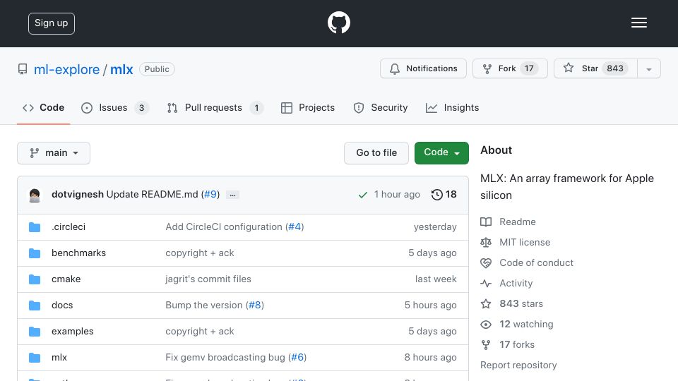 Screenshot of github.com: MLX: An array framework for Apple Silicon