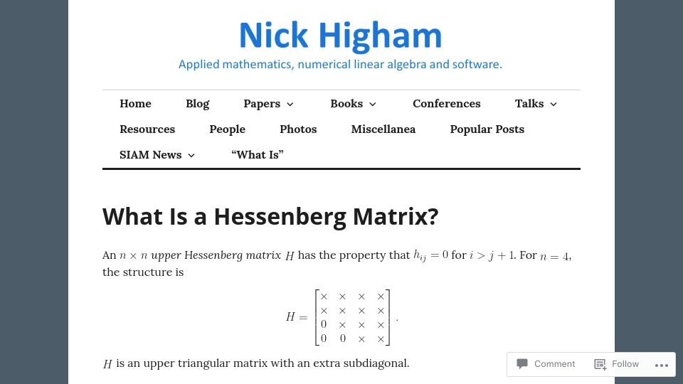 Screenshot of nhigham.com: What Is a Hessenberg Matrix?