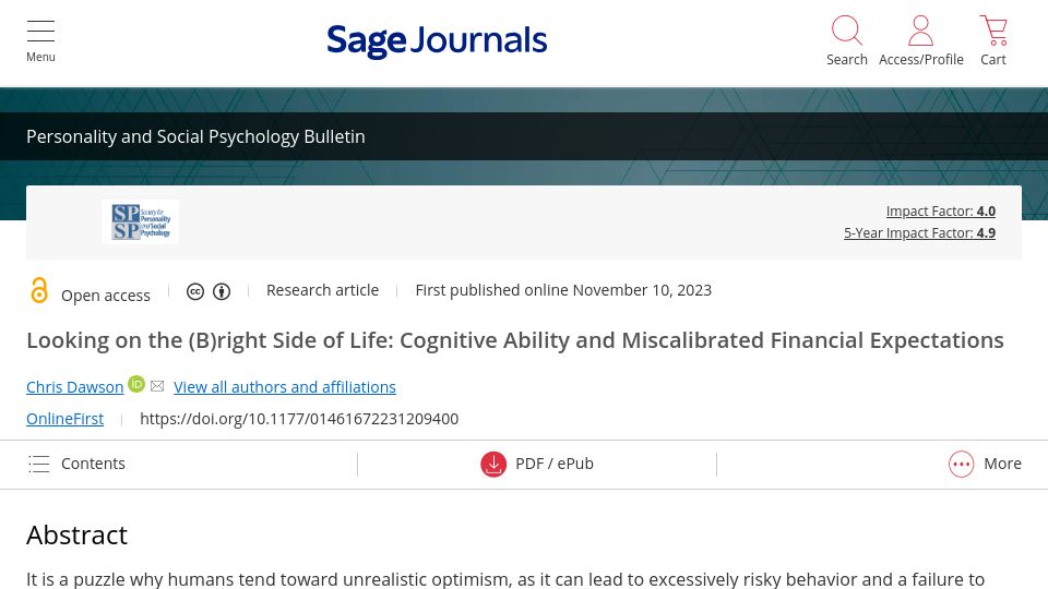 Screenshot of journals.sagepub.com: Cognitive ability and miscalibrated financial expectations
