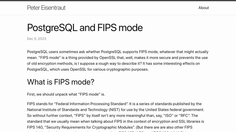 Screenshot of peter.eisentraut.org: PostgreSQL and FIPS Mode
