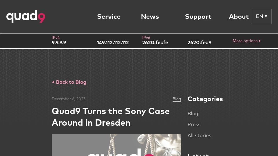 Screenshot of quad9.net: Quad9 wins appeal against Sony