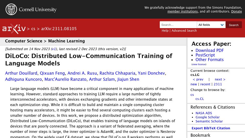 Screenshot of arxiv.org: DiLoCo: Distributed Low-Communication Training of Language Models