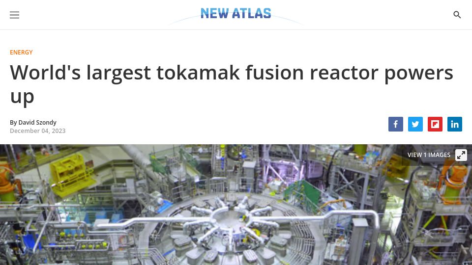 Screenshot of newatlas.com: Largest tokamak fusion reactor powers up