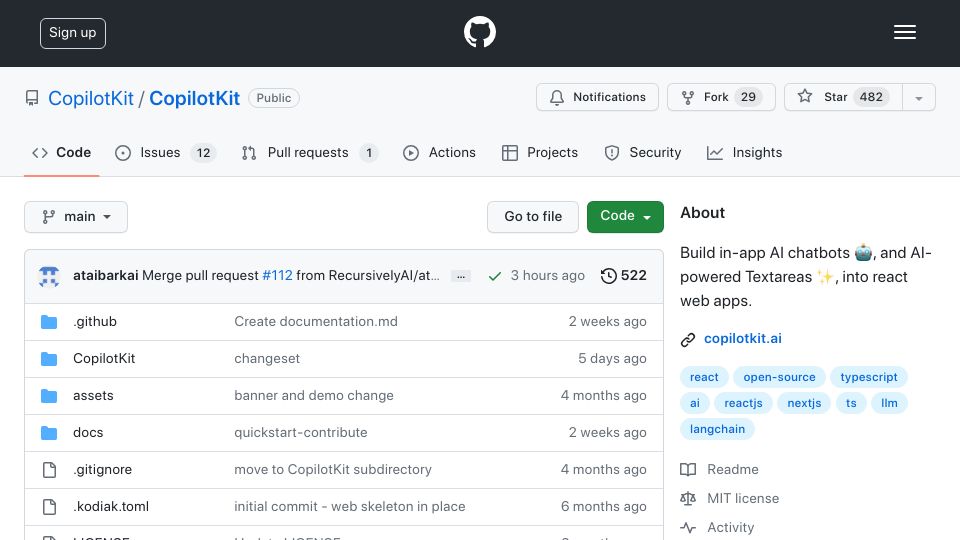 Screenshot of github.com: Show HN: CopilotKit- Build in-app AI chatbots and AI-powered textareas