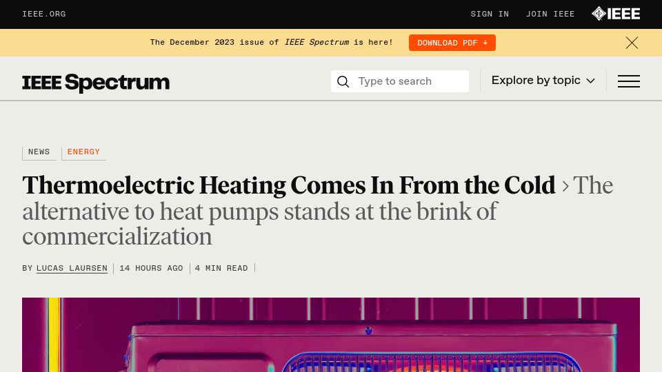 Screenshot of spectrum.ieee.org: Thermoelectric heating stands at the brink of commercialization