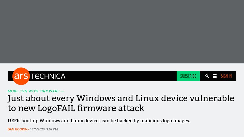 Screenshot of arstechnica.com: Just about every Windows/Linux device vulnerable to new LogoFAIL firmware attack