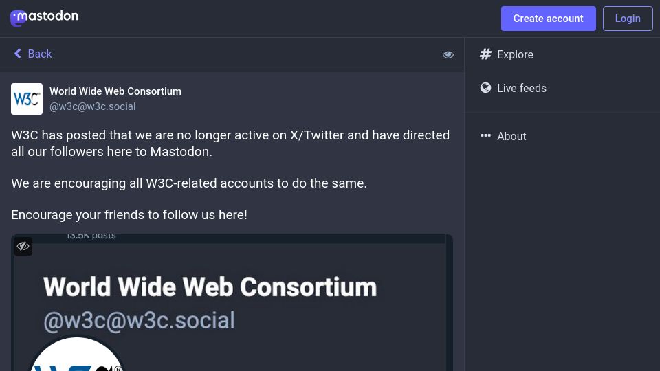 Screenshot of w3c.social: W3C Leaves Twitter