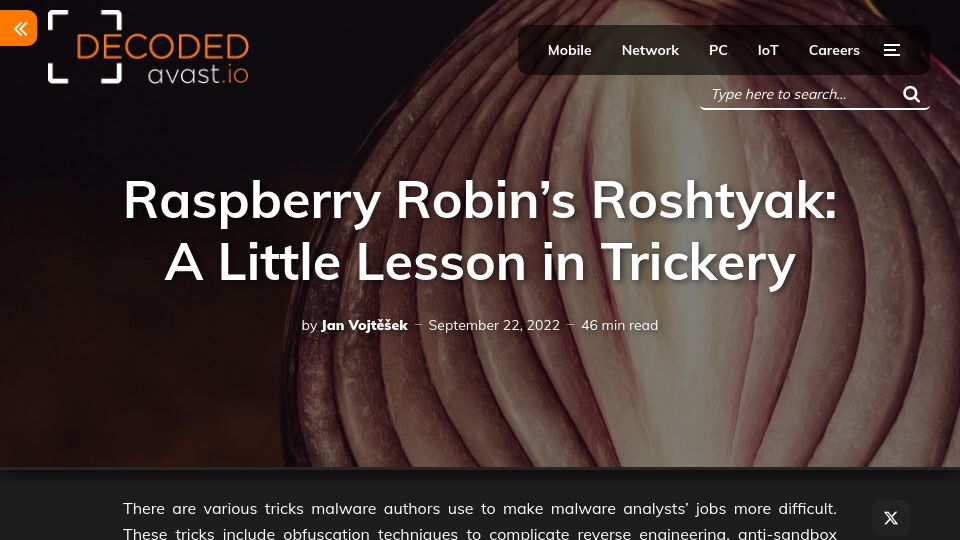 Screenshot of decoded.avast.io: Raspberry Robin's Roshtyak: A Little Lesson in Trickery (2022)