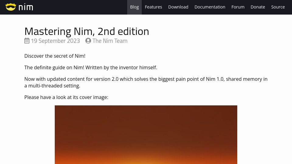 Screenshot of nim-lang.org: Mastering Nim, 2nd edition