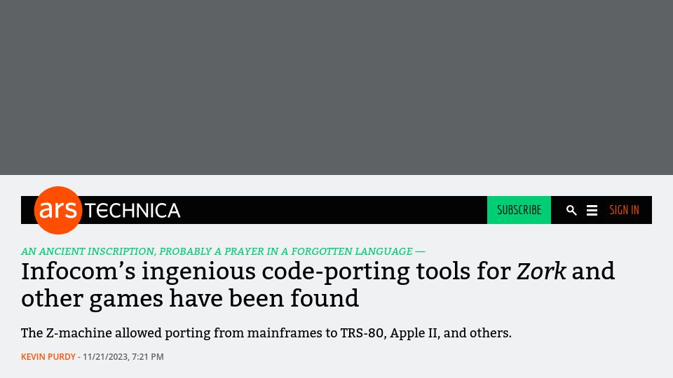 Screenshot of arstechnica.com: Infocom’s code-porting tools for Zork and other games have been found