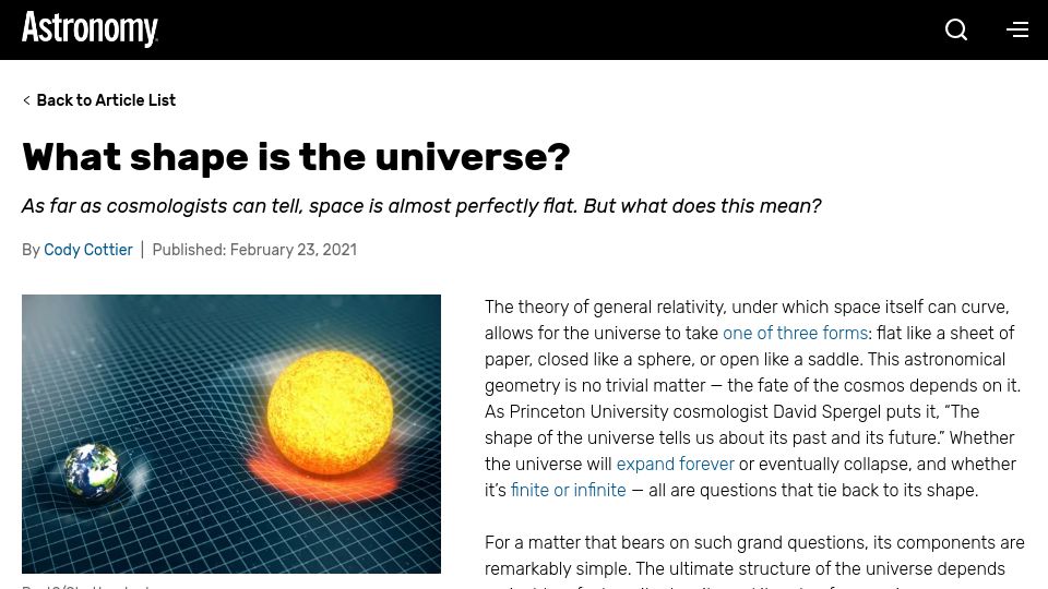 Screenshot of astronomy.com: What shape is the universe? (2021)