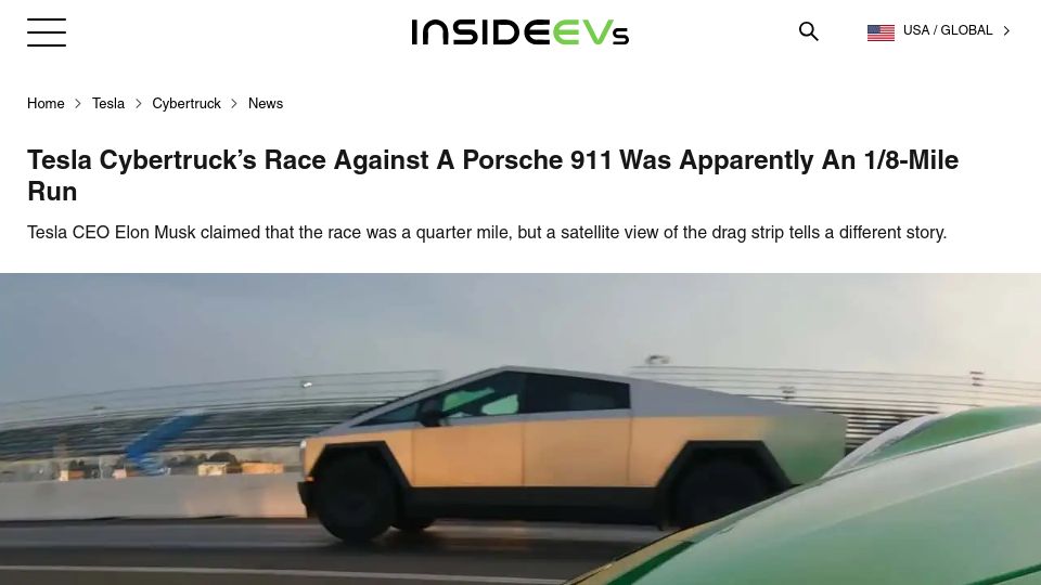 Screenshot of insideevs.com: Tesla Cybertruck's Race Against a Porsche 911 Was Apparently an 1/8-Mile Run