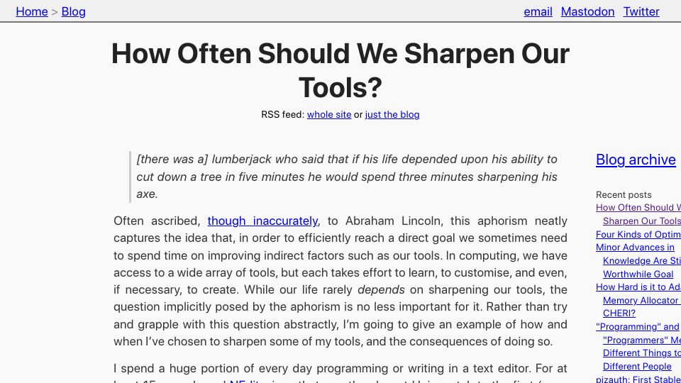 Screenshot of tratt.net: How Often Should We Sharpen Our Tools?