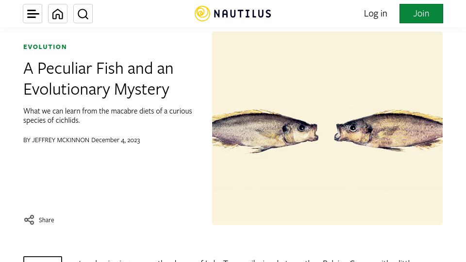 Screenshot of nautil.us: A peculiar fish and an evolutionary mystery