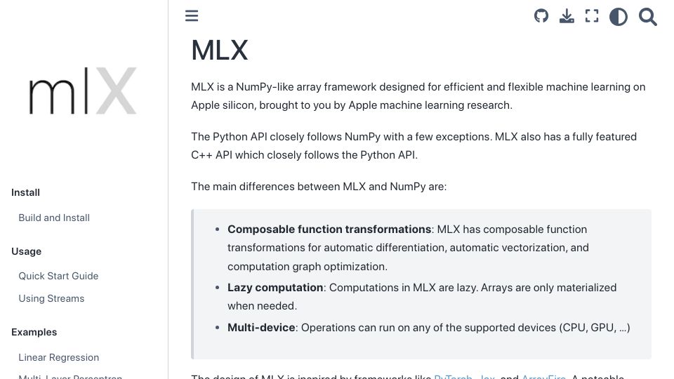 Screenshot of ml-explore.github.io: MLX: NumPy like framework for Apple Silicon by Apple