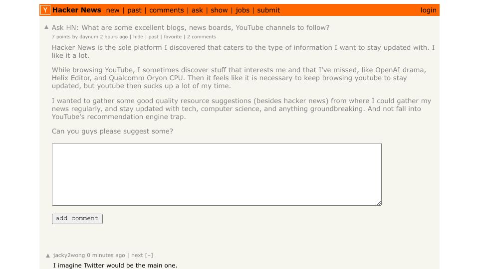 Screenshot of Hacker News post: Ask HN: What are some excellent blogs, news boards, YouTube channels to follow?