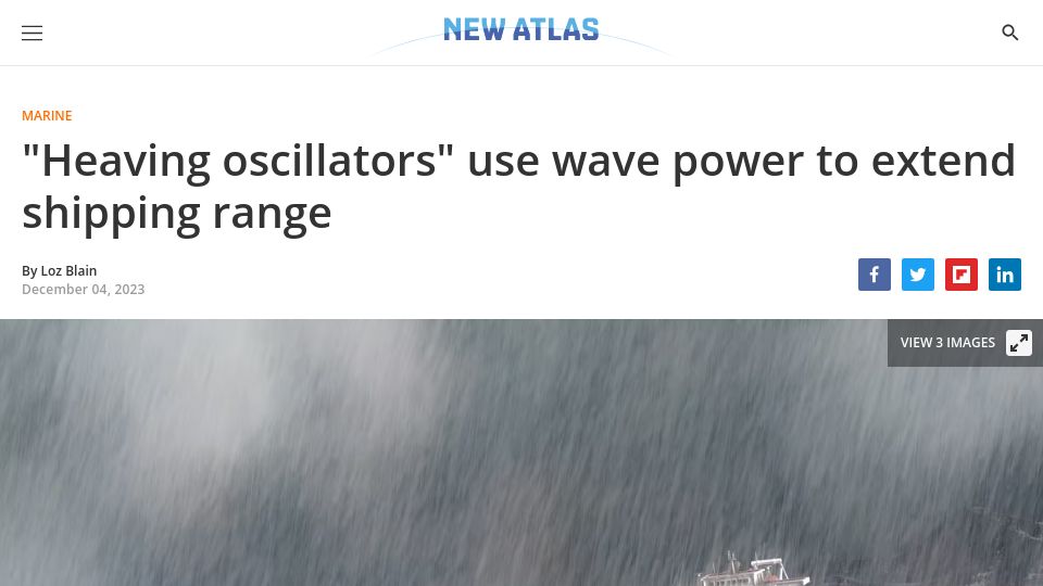 Screenshot of newatlas.com: "Heaving oscillators" use wave power to extend shipping range