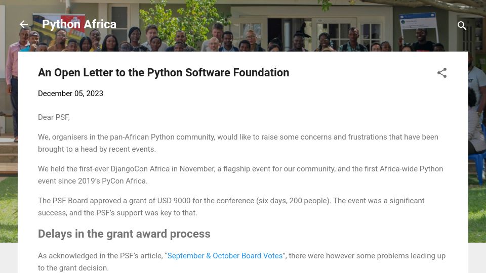 Screenshot of pythonafrica.blogspot.com: An Open Letter to the Python Software Foundation