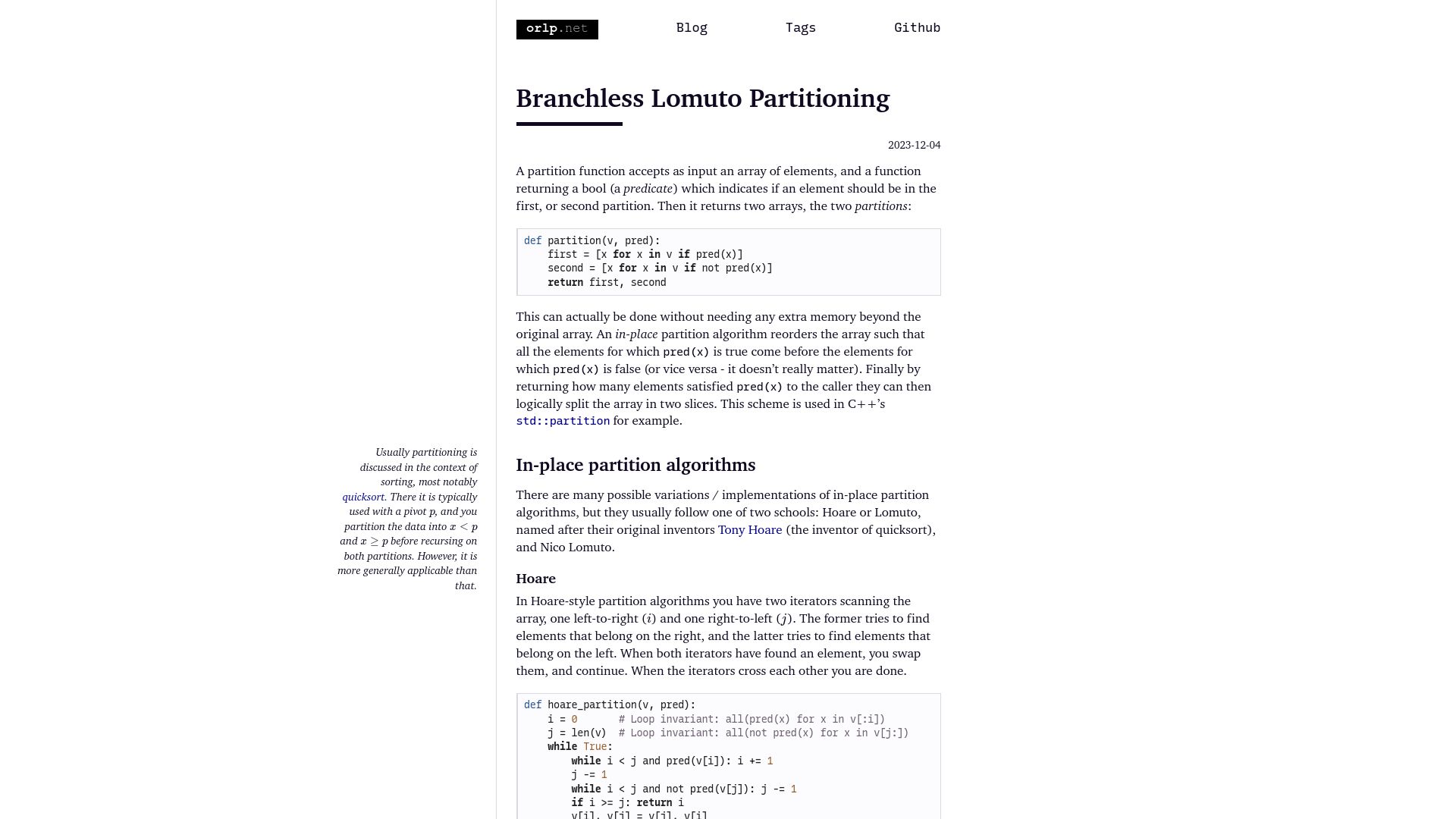 Screenshot of orlp.net: Branchless Lomuto Partitioning
