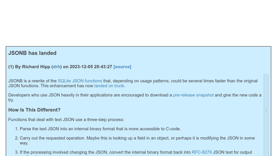 Screenshot of sqlite.org: JSONB has landed