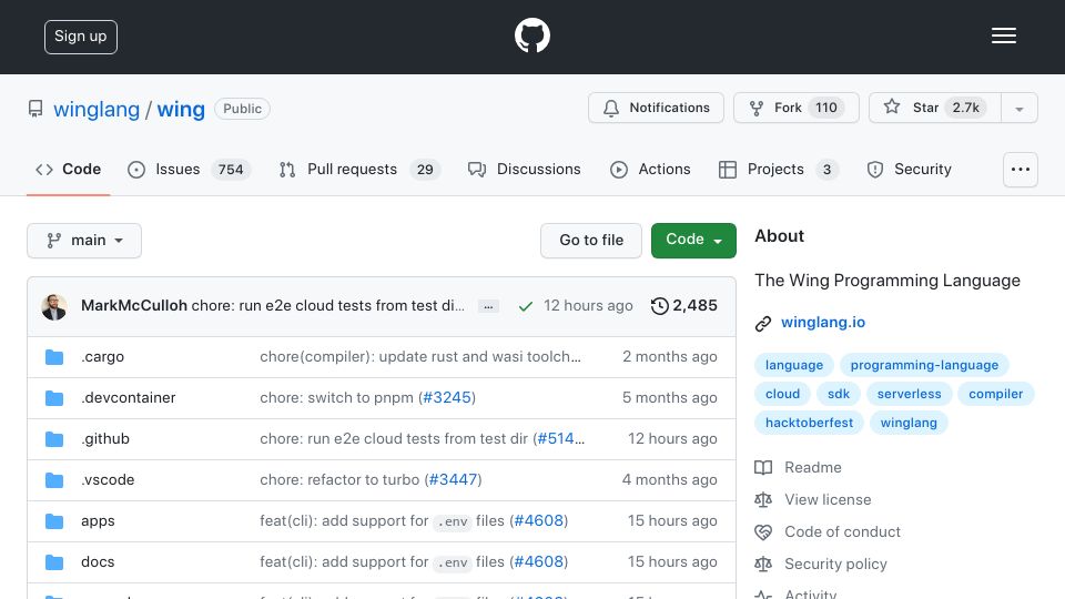 Screenshot of github.com: Show HN: Winglang – A new cloud-oriented programming language