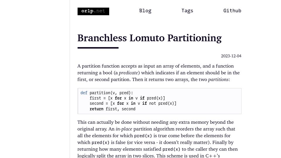 Screenshot of orlp.net: Branchless Lomuto Partitioning
