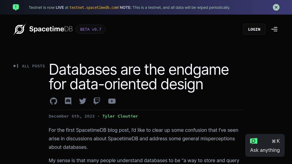 Screenshot of spacetimedb.com: Databases are the endgame for data-oriented design