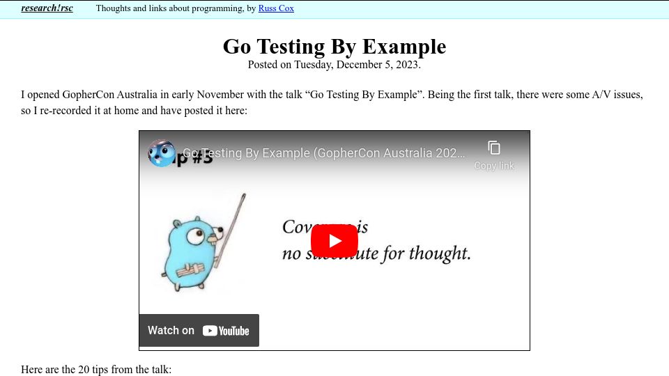 Screenshot of research.swtch.com: Go Testing by Example [video]