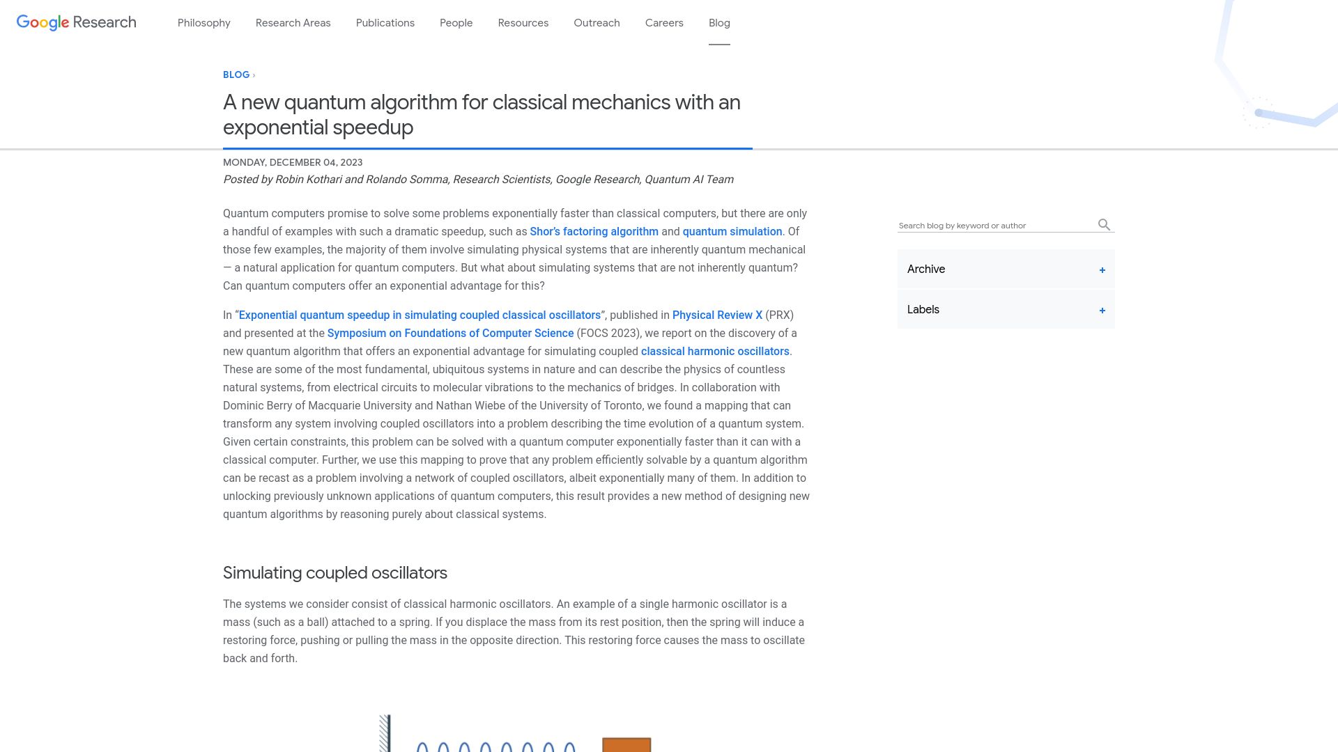 Screenshot of blog.research.google: A new quantum algorithm for classical mechanics with an exponential speedup