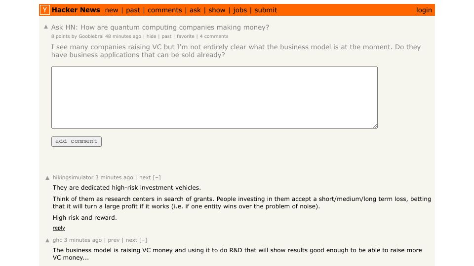 Screenshot of Hacker News post: Ask HN: How are quantum computing companies making money?