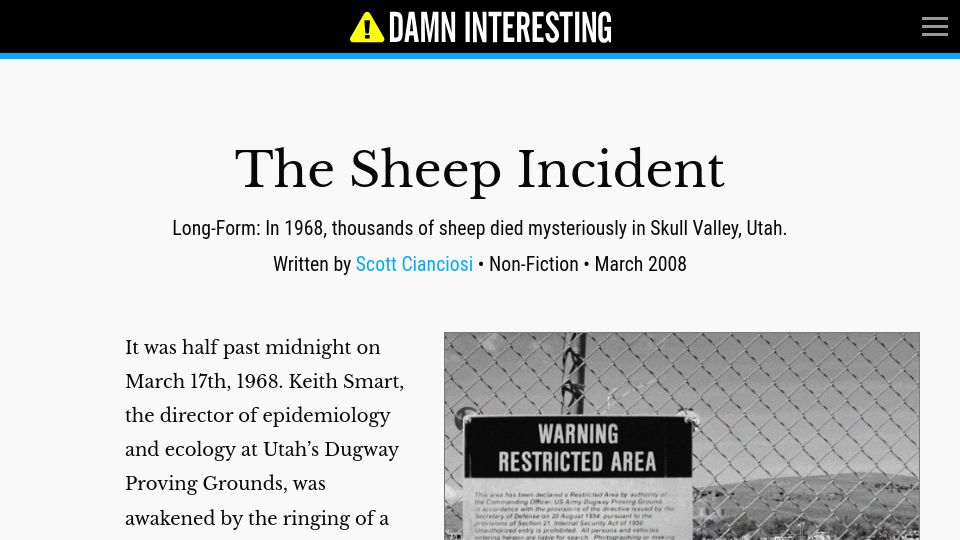 Screenshot of damninteresting.com: The Sheep Incident (2008)