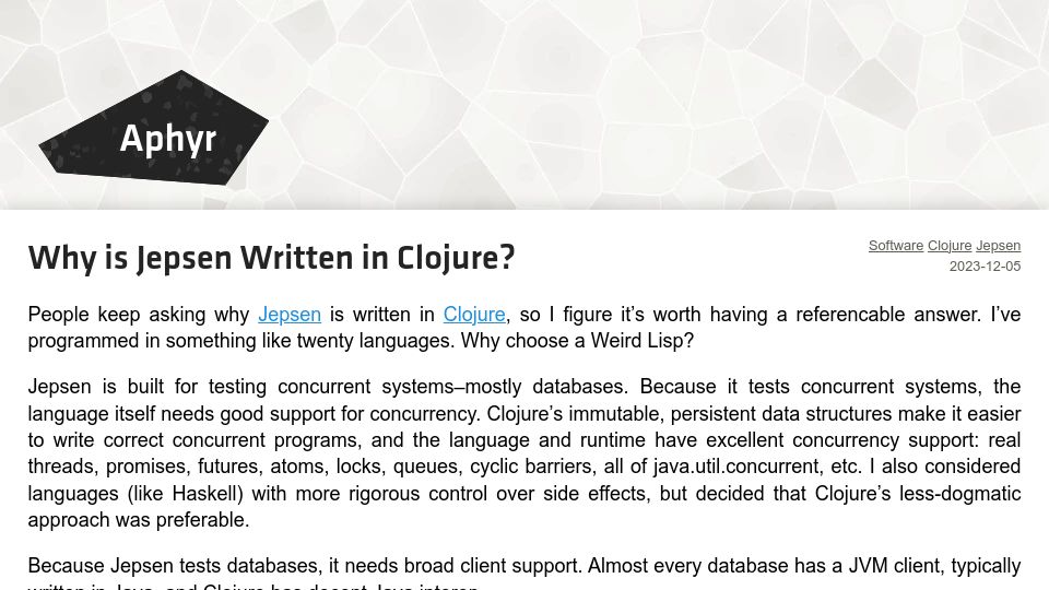 Screenshot of aphyr.com: Why is Jepsen written in Clojure?