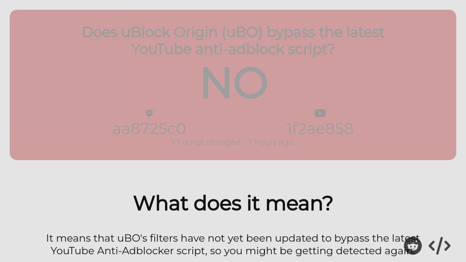 Screenshot of drhyperion451.github.io: Does uBlock Origin bypass the latest YouTube anti-adblock script?