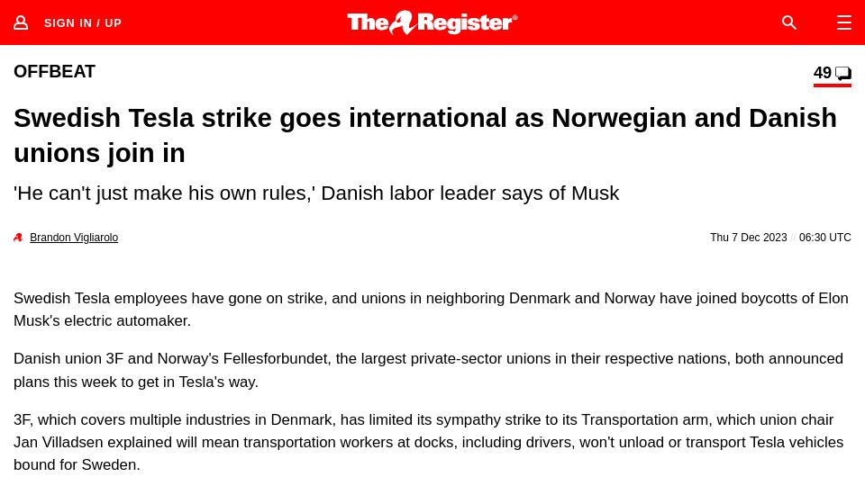Screenshot of theregister.com: Swedish Tesla strike goes international as Norwegian and Danish unions join in