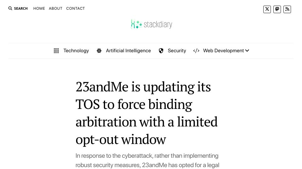 Screenshot of stackdiary.com: 23andMe updates their TOS to force binding arbitration