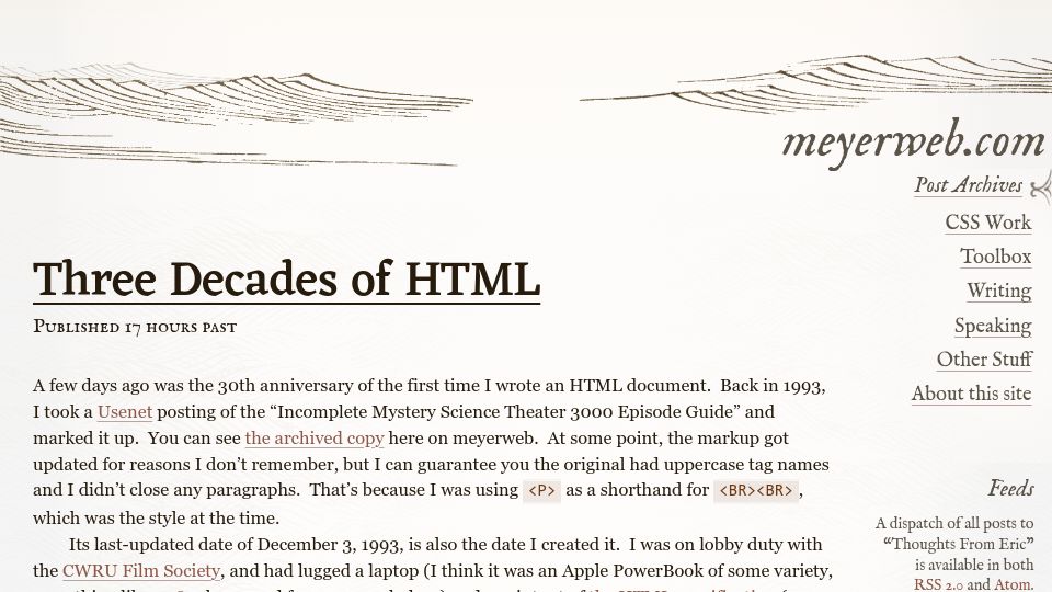 Screenshot of meyerweb.com: Three Decades of HTML