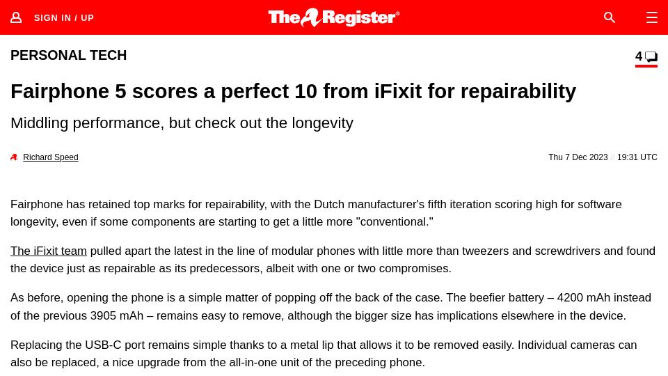 Screenshot of theregister.com: Fairphone 5 scores a perfect 10 from iFixit for repairability