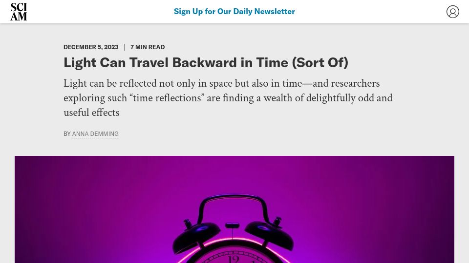 Screenshot of scientificamerican.com: Light can be reflected not only in space but also in time
