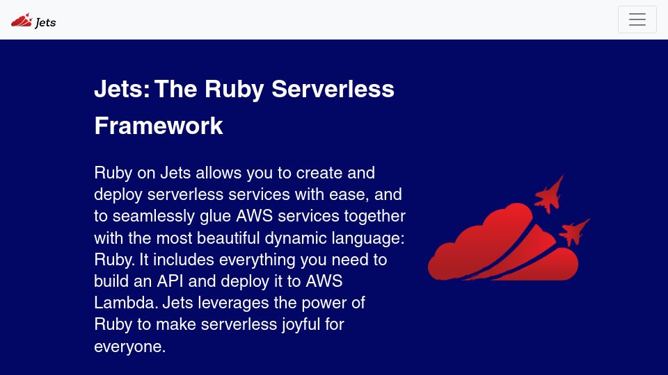 Screenshot of docs.rubyonjets.com: Jets: Ruby Serverless Framework