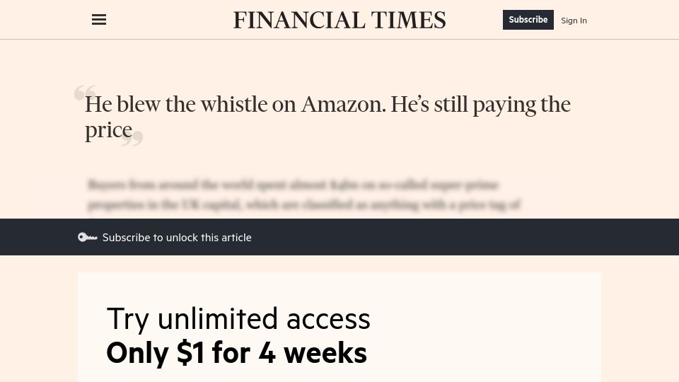 Screenshot of ft.com: He blew the whistle on Amazon. He's still paying the price